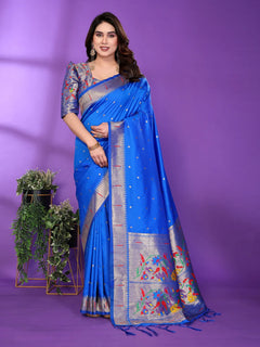 Royal Blue Paithani Silk Saree with Silver Zari Border & Multicolor Floral Pallu
