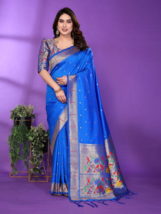 Royal Blue Paithani Silk Saree with Silver Zari Border & Multicolor Floral Pallu