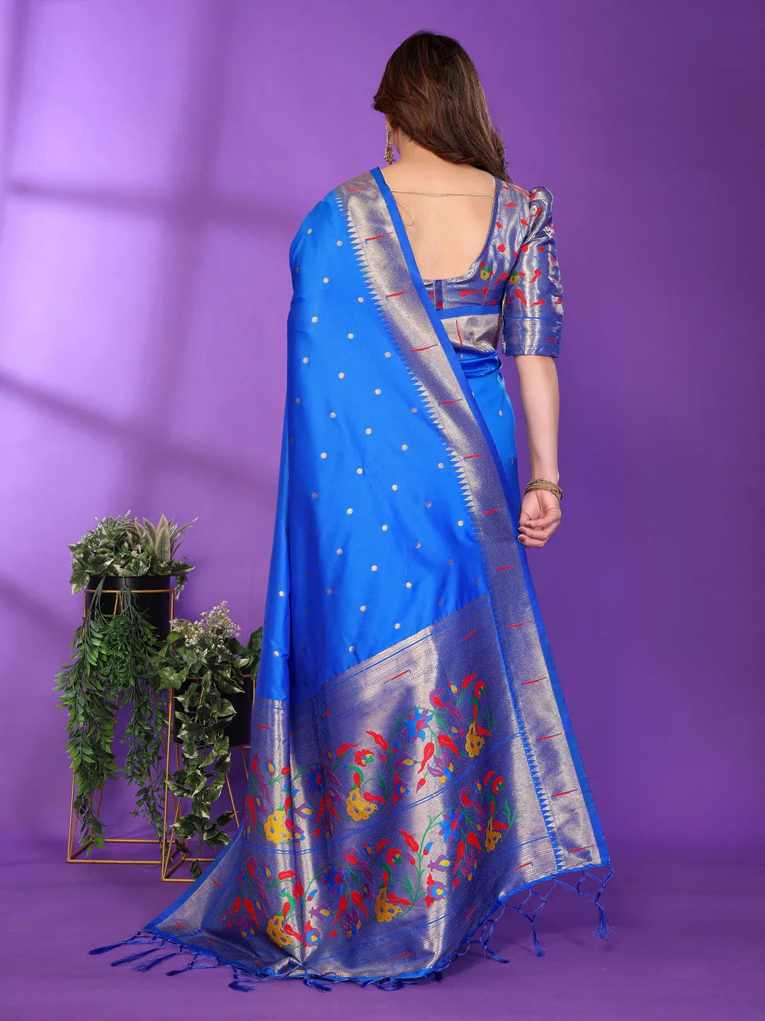 Royal Blue Paithani Silk Saree with Silver Zari Border & Multicolor Floral Pallu