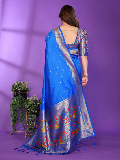 Royal Blue Paithani Silk Saree with Silver Zari Border & Multicolor Floral Pallu