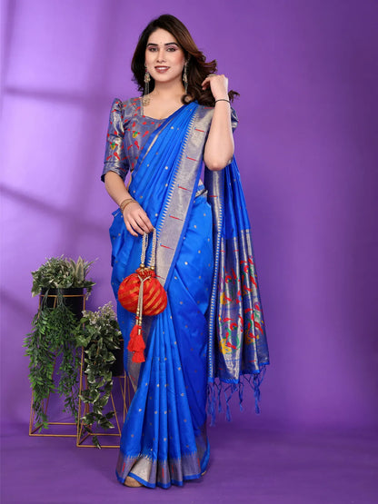Royal Blue Paithani Silk Saree with Silver Zari Border & Multicolor Floral Pallu