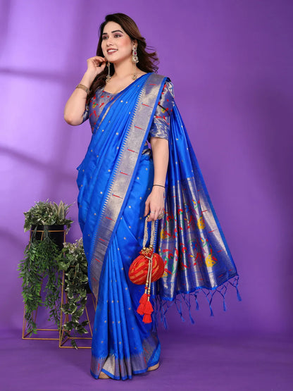Royal Blue Paithani Silk Saree with Silver Zari Border & Multicolor Floral Pallu