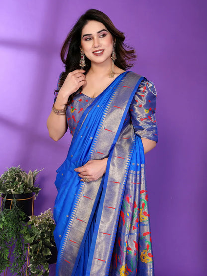 Royal Blue Paithani Silk Saree with Silver Zari Border & Multicolor Floral Pallu