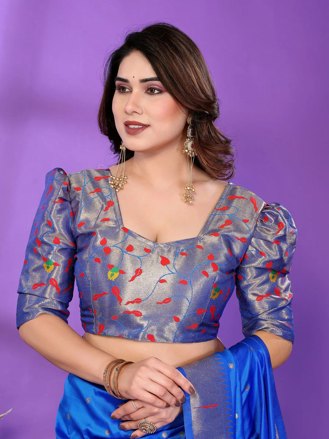 Royal Blue Paithani Silk Saree with Silver Zari Border & Multicolor Floral Pallu