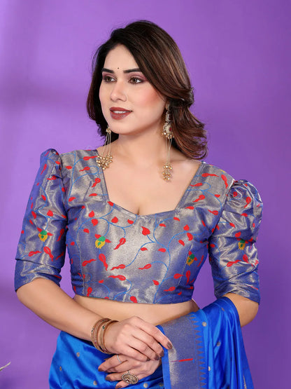 Royal Blue Paithani Silk Saree with Silver Zari Border & Multicolor Floral Pallu