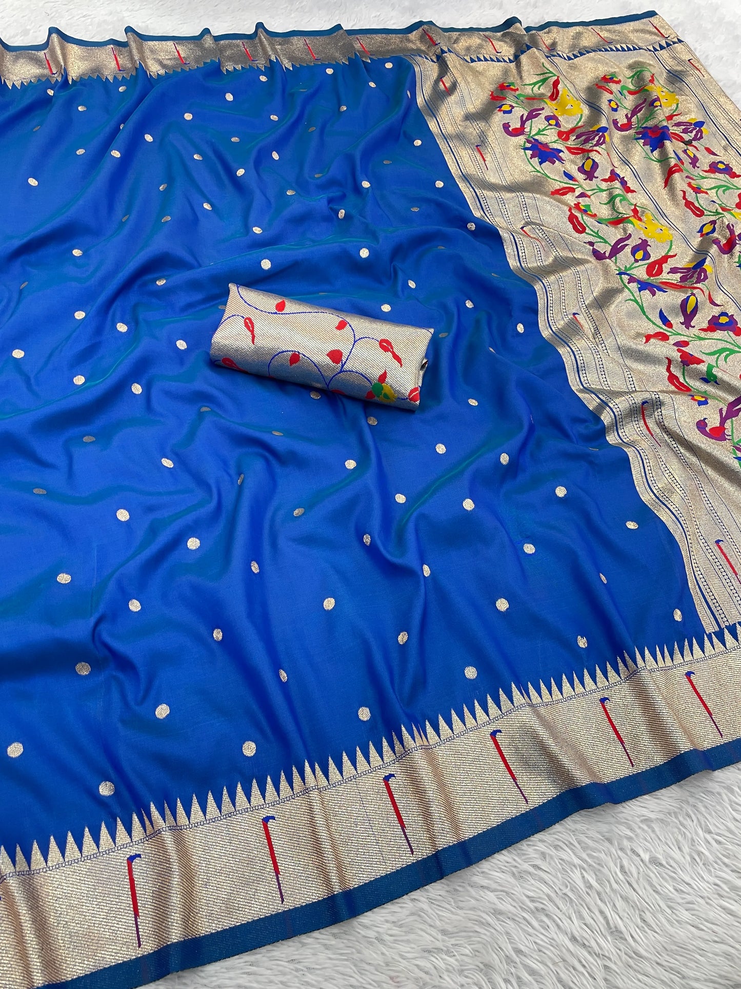 Royal Blue Paithani Silk Saree with Silver Zari Border & Multicolor Floral Pallu