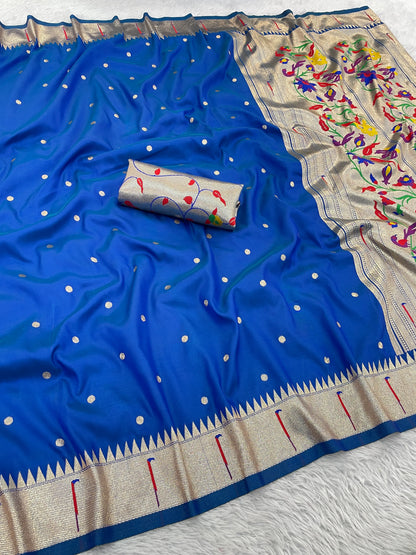 Royal Blue Paithani Silk Saree with Silver Zari Border & Multicolor Floral Pallu