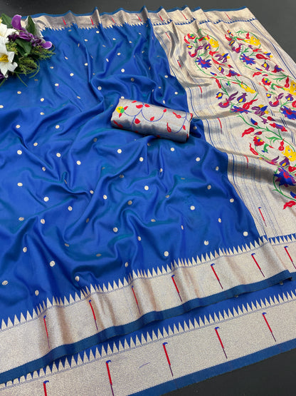 Royal Blue Paithani Silk Saree with Silver Zari Border & Multicolor Floral Pallu