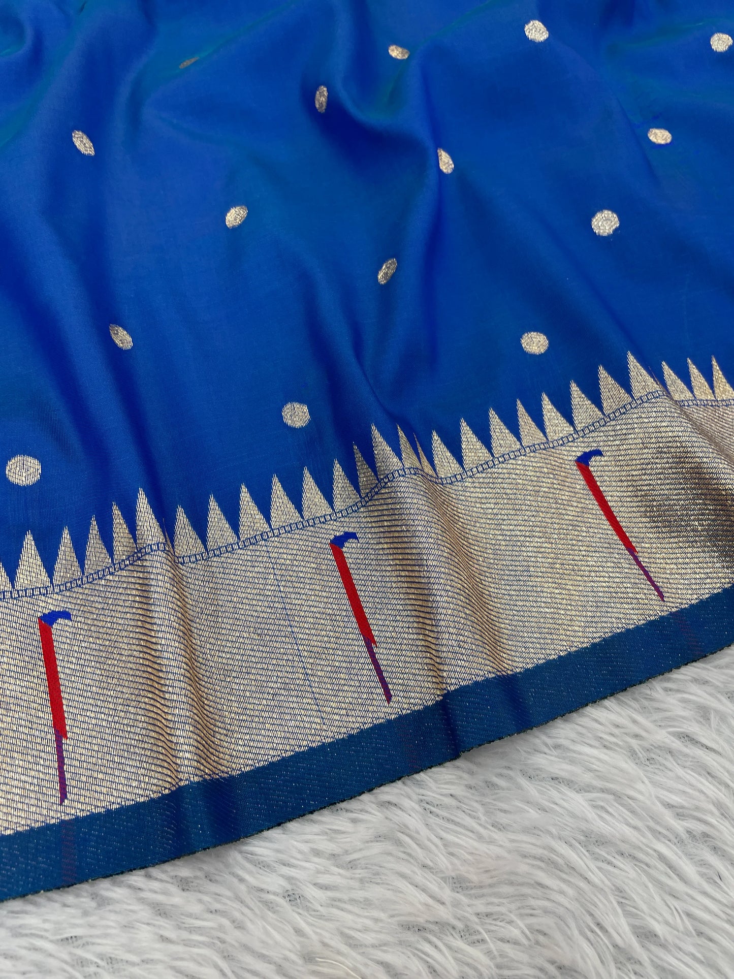 Royal Blue Paithani Silk Saree with Silver Zari Border & Multicolor Floral Pallu