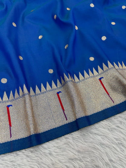 Royal Blue Paithani Silk Saree with Silver Zari Border & Multicolor Floral Pallu