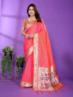 Gajri Pink Paithani Silk Saree with Gold Zari Border & Multicolor Floral Pallu