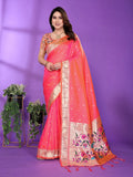 Gajri Pink Paithani Silk Saree with Gold Zari Border & Multicolor Floral Pallu