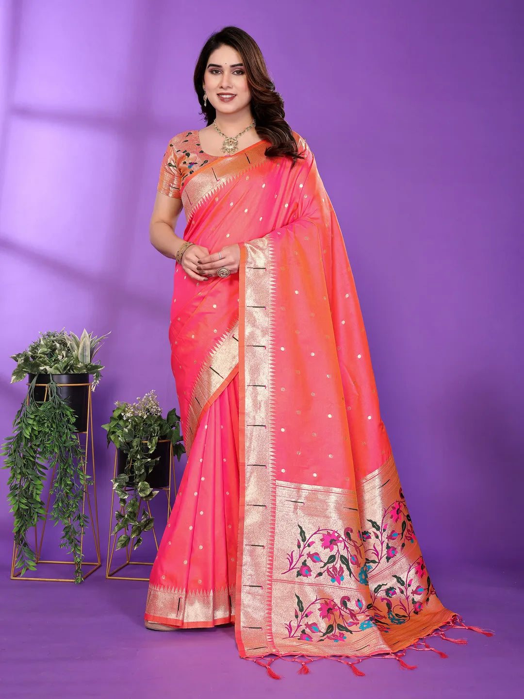 Gajri Pink Paithani Silk Saree with Gold Zari Border & Multicolor Floral Pallu