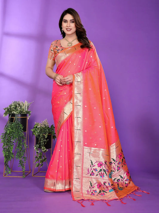 Gajri Pink Paithani Silk Saree with Gold Zari Border & Multicolor Floral Pallu