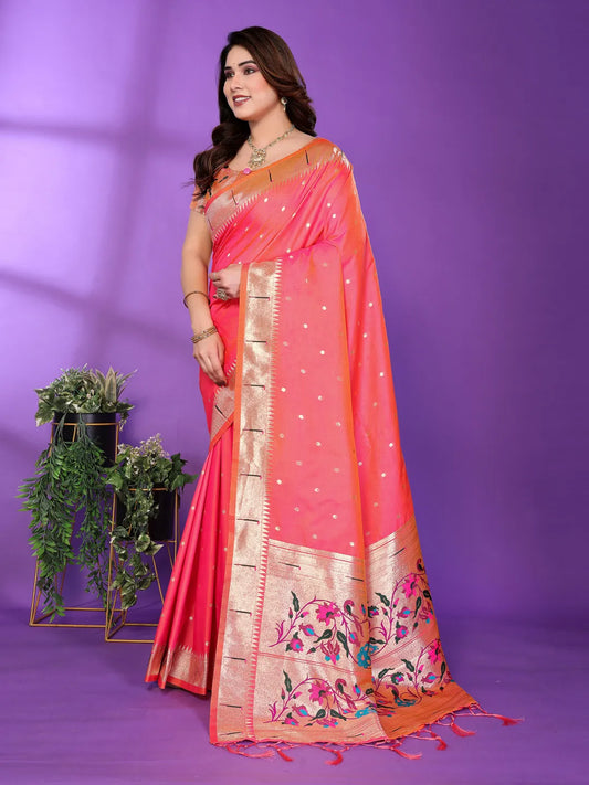 Gajri Pink Paithani Silk Saree with Gold Zari Border & Multicolor Floral Pallu