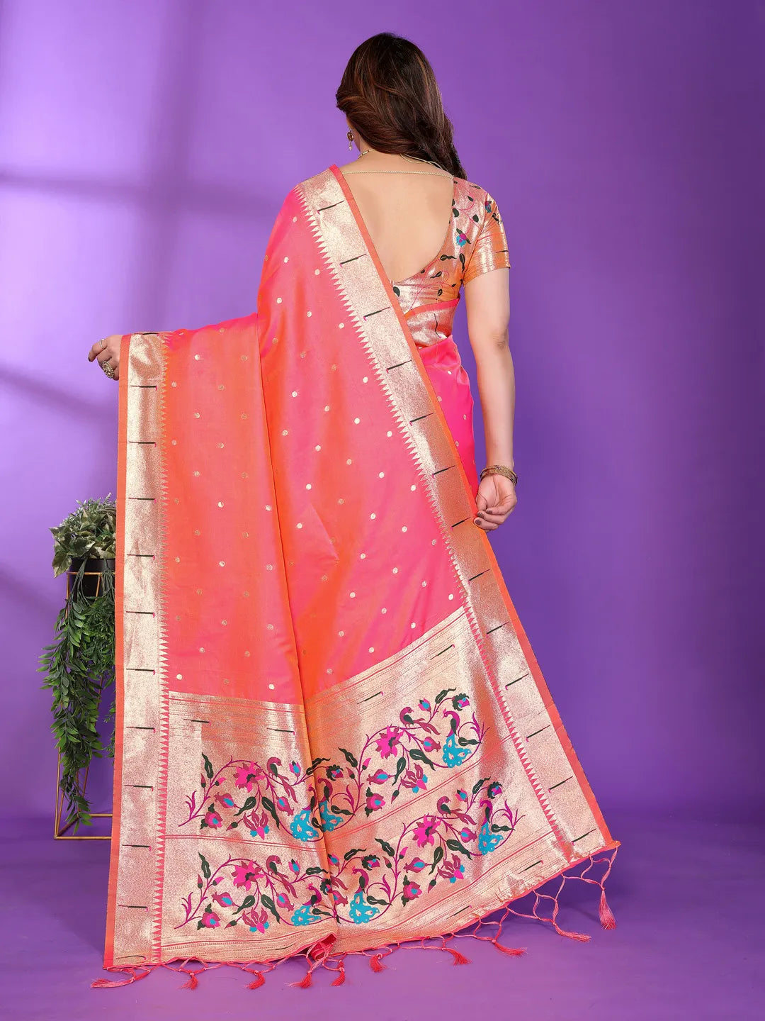 Gajri Pink Paithani Silk Saree with Gold Zari Border & Multicolor Floral Pallu