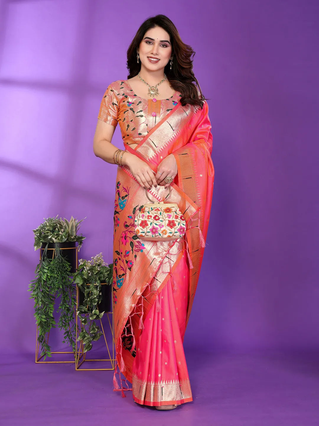 Gajri Pink Paithani Silk Saree with Gold Zari Border & Multicolor Floral Pallu