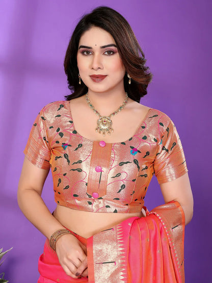 Gajri Pink Paithani Silk Saree with Gold Zari Border & Multicolor Floral Pallu