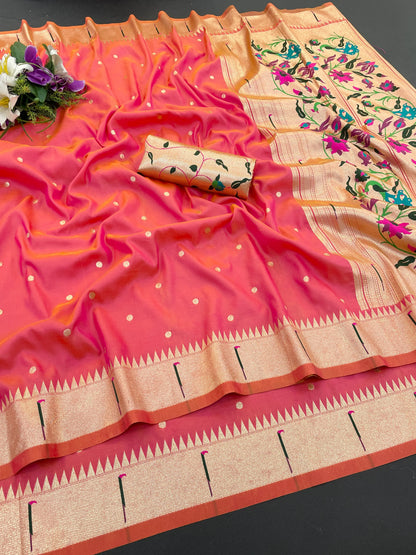 Gajri Pink Paithani Silk Saree with Gold Zari Border & Multicolor Floral Pallu