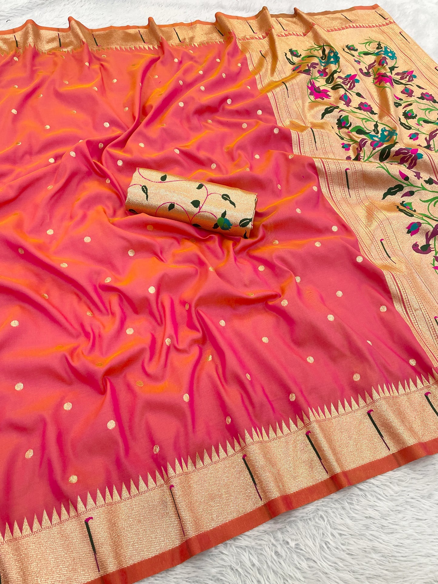 Gajri Pink Paithani Silk Saree with Gold Zari Border & Multicolor Floral Pallu