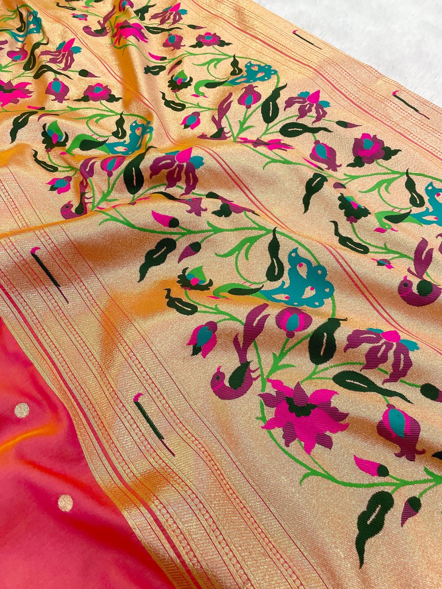 Gajri Pink Paithani Silk Saree with Gold Zari Border & Multicolor Floral Pallu