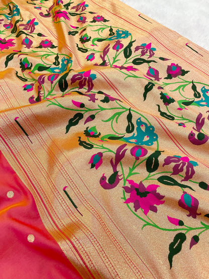 Gajri Pink Paithani Silk Saree with Gold Zari Border & Multicolor Floral Pallu