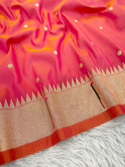 Gajri Pink Paithani Silk Saree with Gold Zari Border & Multicolor Floral Pallu