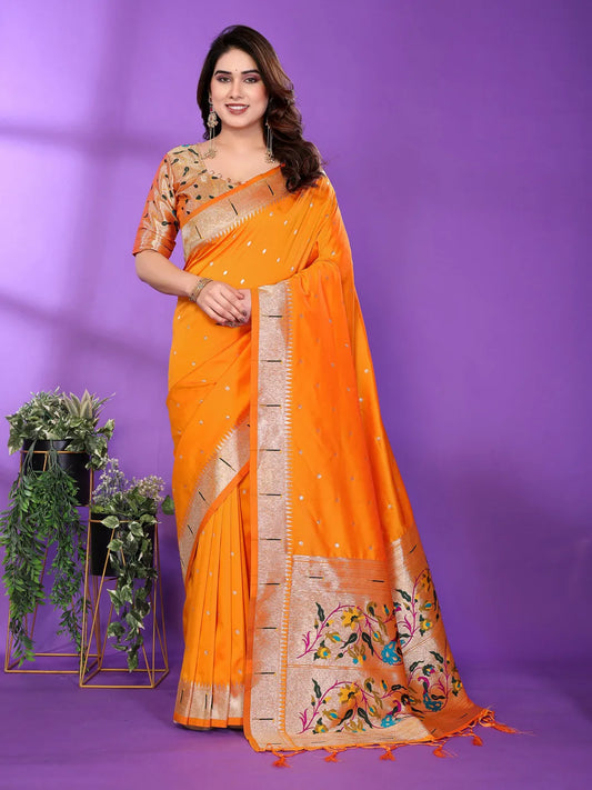 Mustard Yellow Paithani Silk Saree with Gold Zari Border & Multicolor Floral Pallu