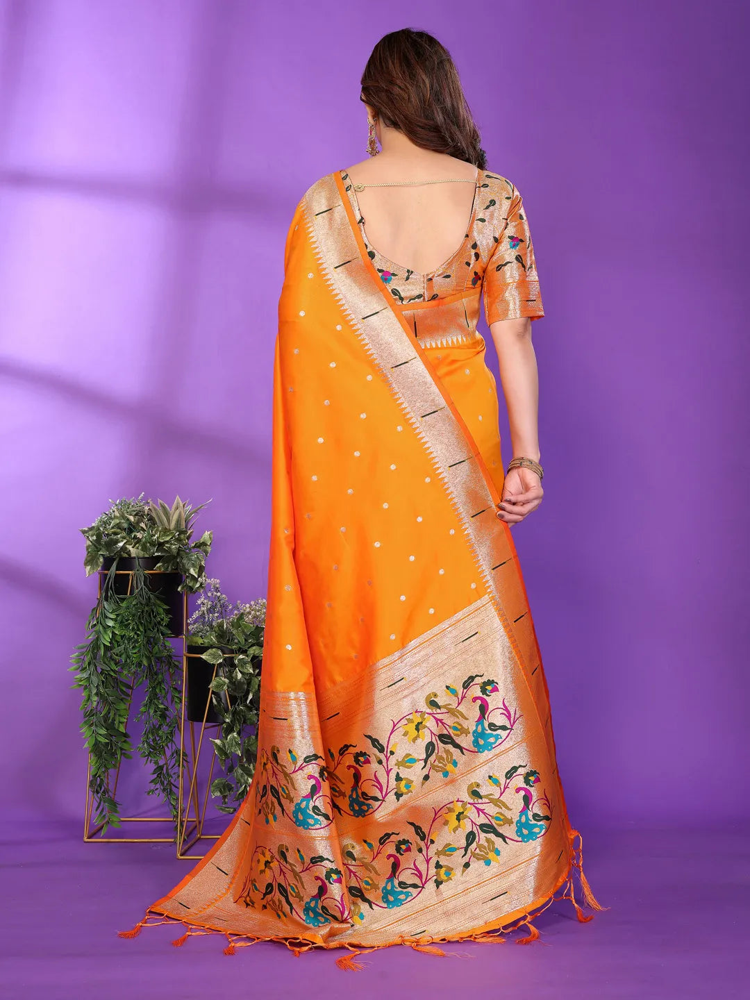 Mustard Yellow Paithani Silk Saree with Gold Zari Border & Multicolor Floral Pallu