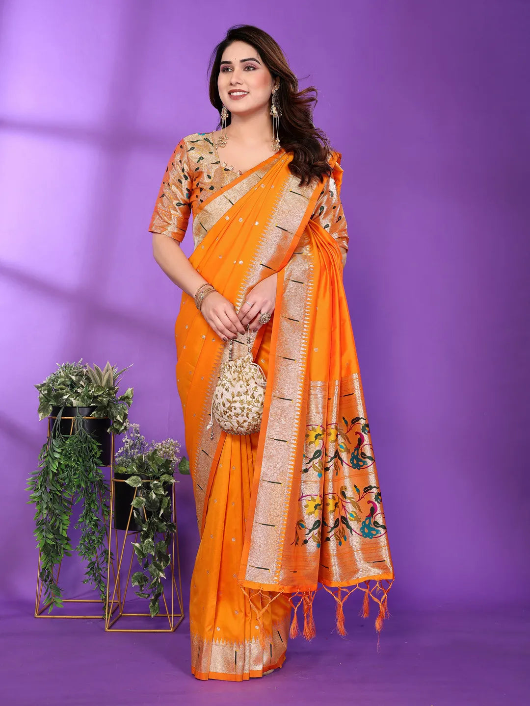Mustard Yellow Paithani Silk Saree with Gold Zari Border & Multicolor Floral Pallu
