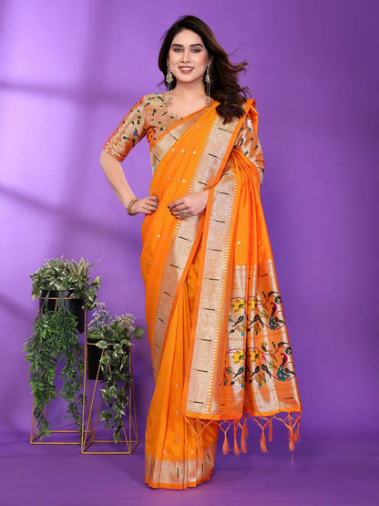Mustard Yellow Paithani Silk Saree with Gold Zari Border & Multicolor Floral Pallu