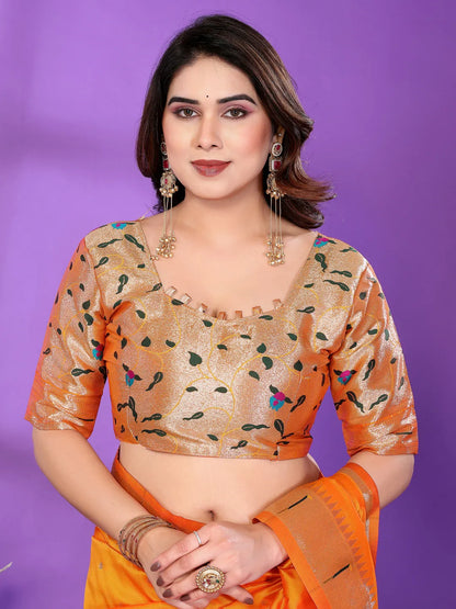 Mustard Yellow Paithani Silk Saree with Gold Zari Border & Multicolor Floral Pallu