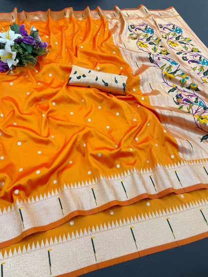 Mustard Yellow Paithani Silk Saree with Gold Zari Border & Multicolor Floral Pallu