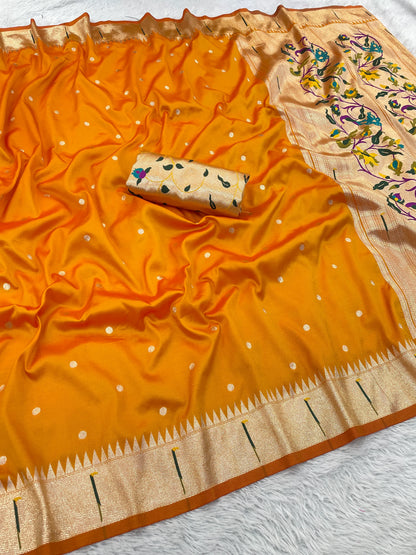 Mustard Yellow Paithani Silk Saree with Gold Zari Border & Multicolor Floral Pallu