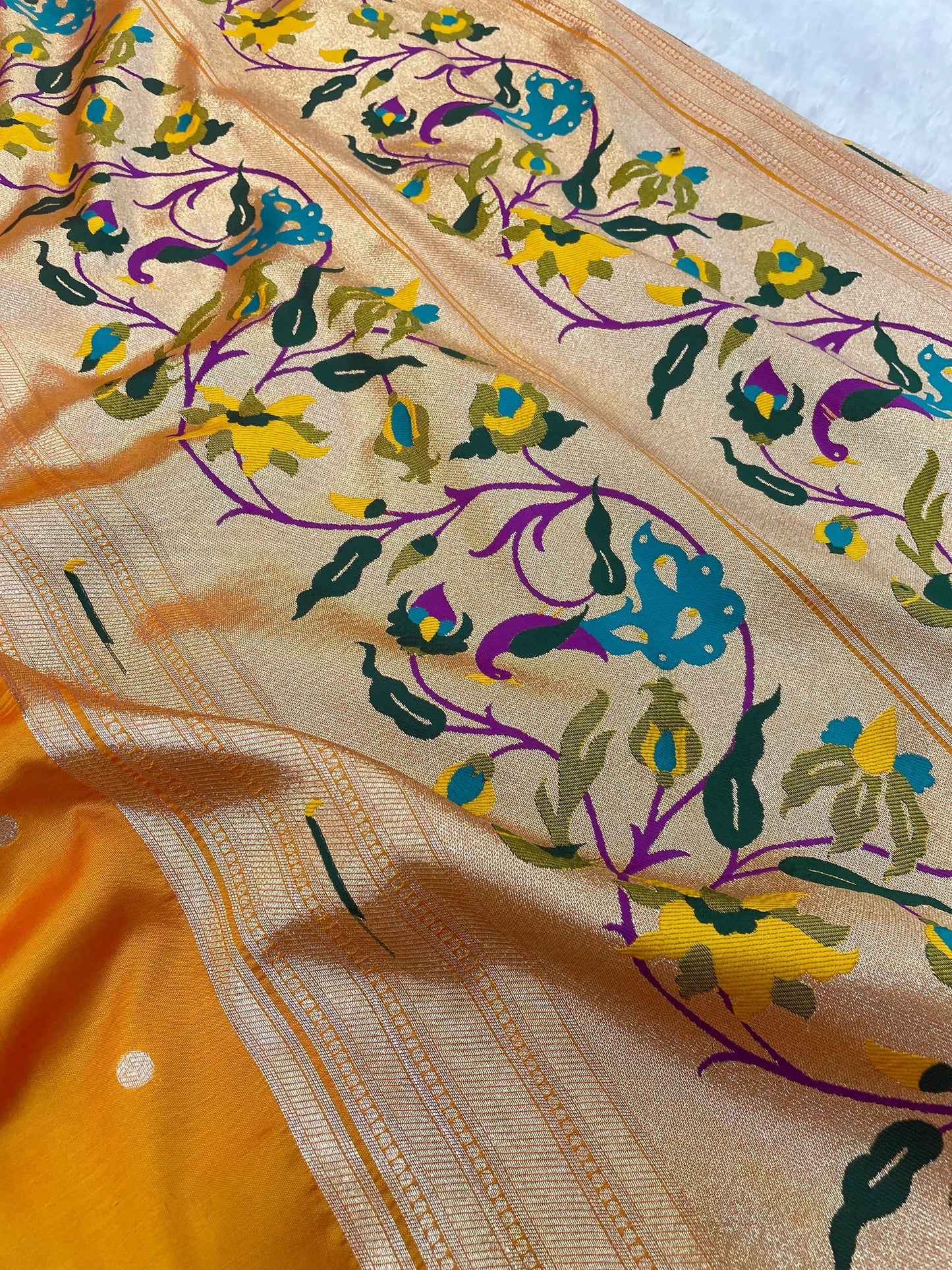 Mustard Yellow Paithani Silk Saree with Gold Zari Border & Multicolor Floral Pallu
