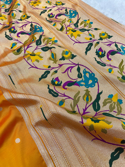 Mustard Yellow Paithani Silk Saree with Gold Zari Border & Multicolor Floral Pallu
