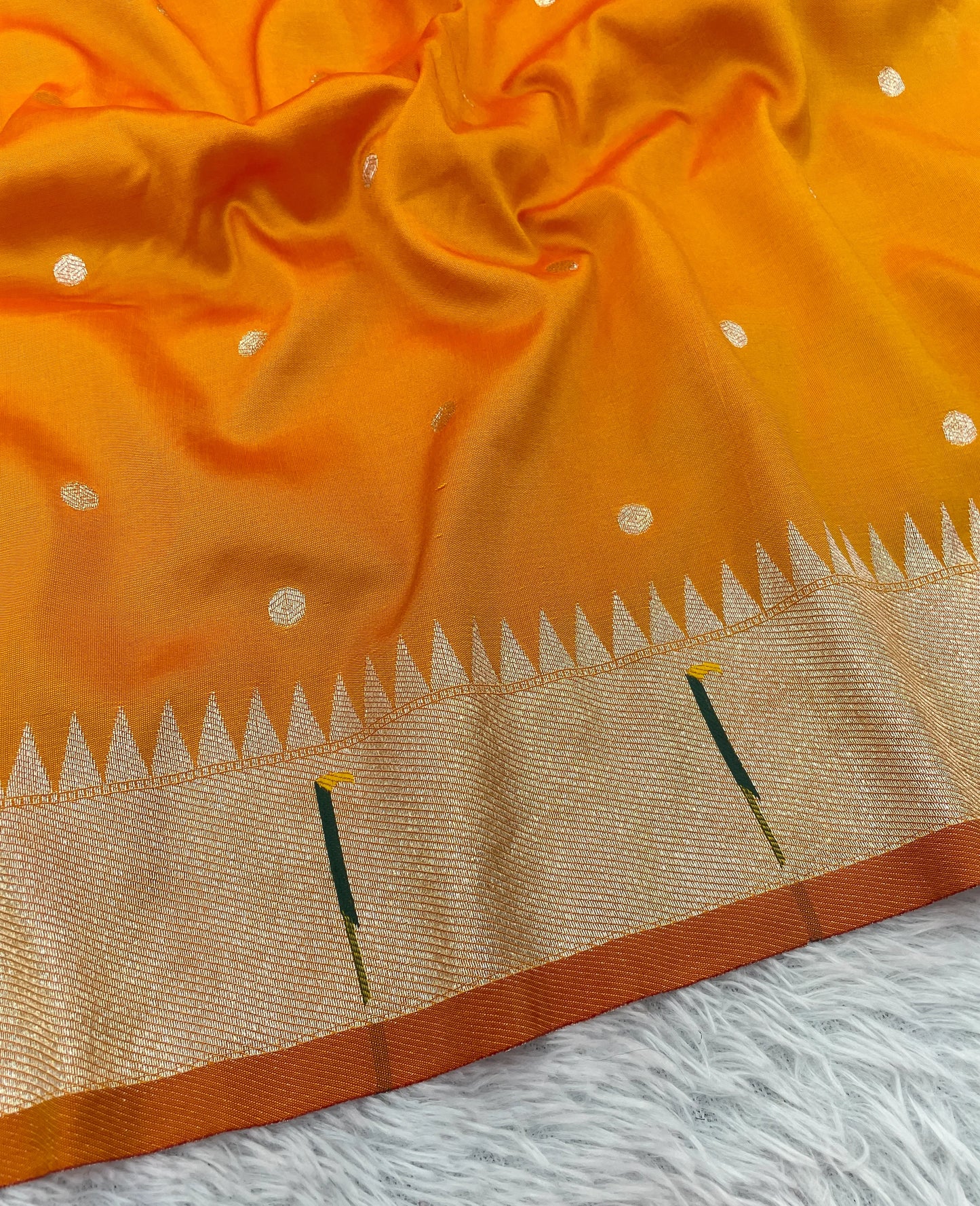Mustard Yellow Paithani Silk Saree with Gold Zari Border & Multicolor Floral Pallu