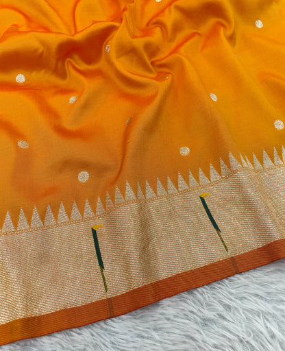 Mustard Yellow Paithani Silk Saree with Gold Zari Border & Multicolor Floral Pallu