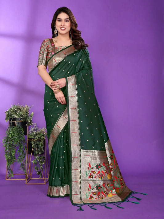 Bottle Green Paithani Silk Saree with Gold Zari Border & Multicolor Floral Pallu