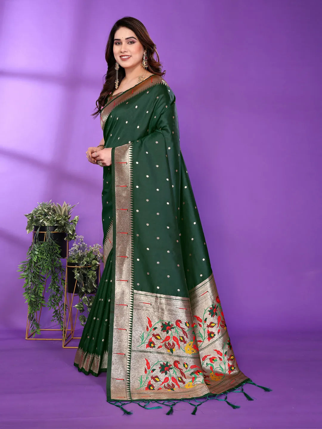 Bottle Green Paithani Silk Saree with Gold Zari Border & Multicolor Floral Pallu