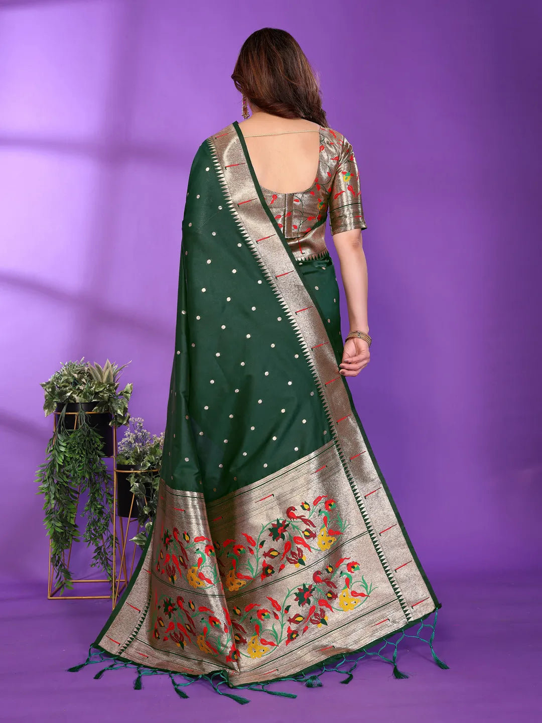 Bottle Green Paithani Silk Saree with Gold Zari Border & Multicolor Floral Pallu