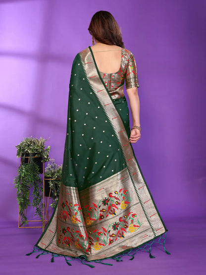 Bottle Green Paithani Silk Saree with Gold Zari Border & Multicolor Floral Pallu