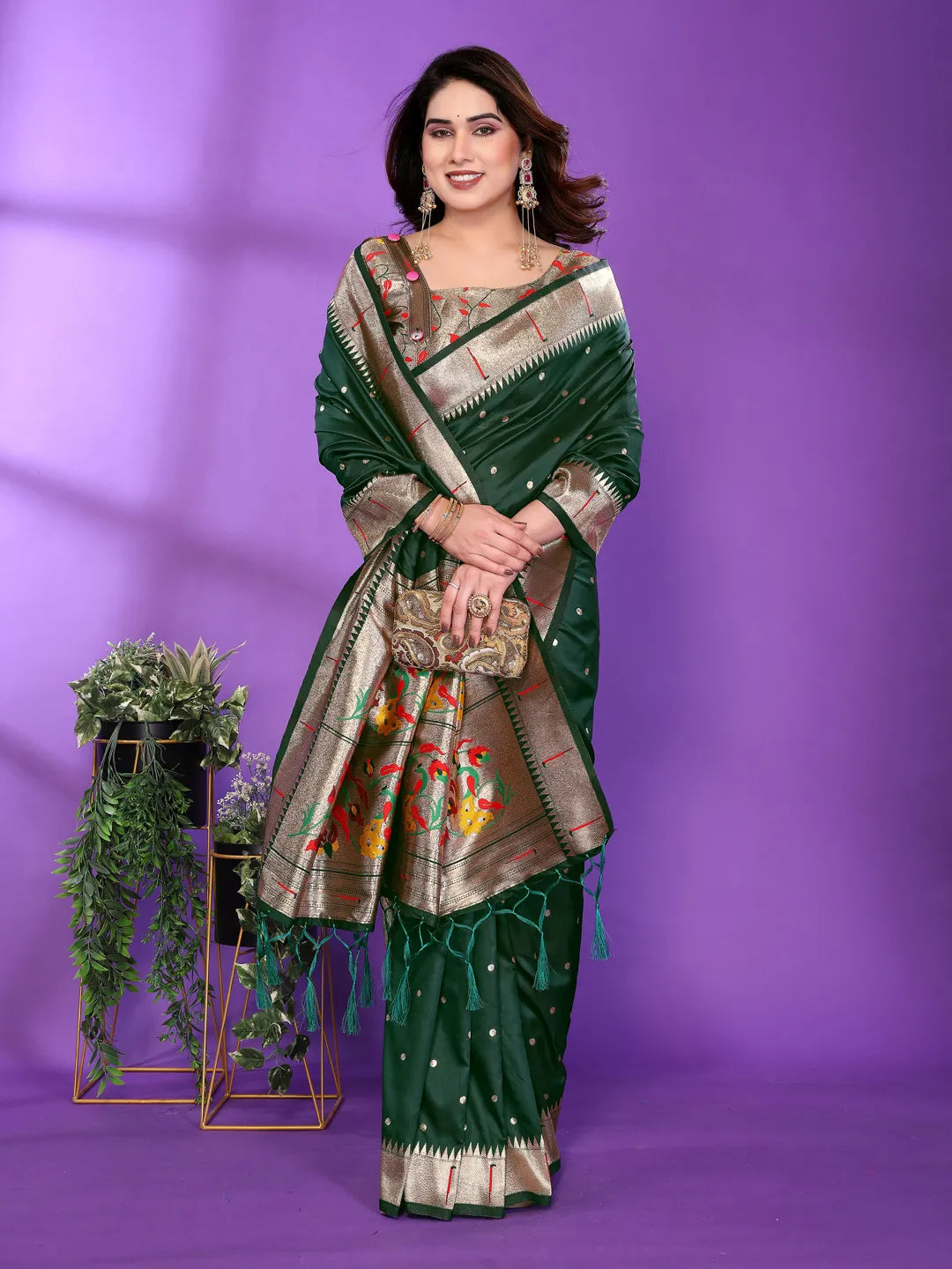 Bottle Green Paithani Silk Saree with Gold Zari Border & Multicolor Floral Pallu