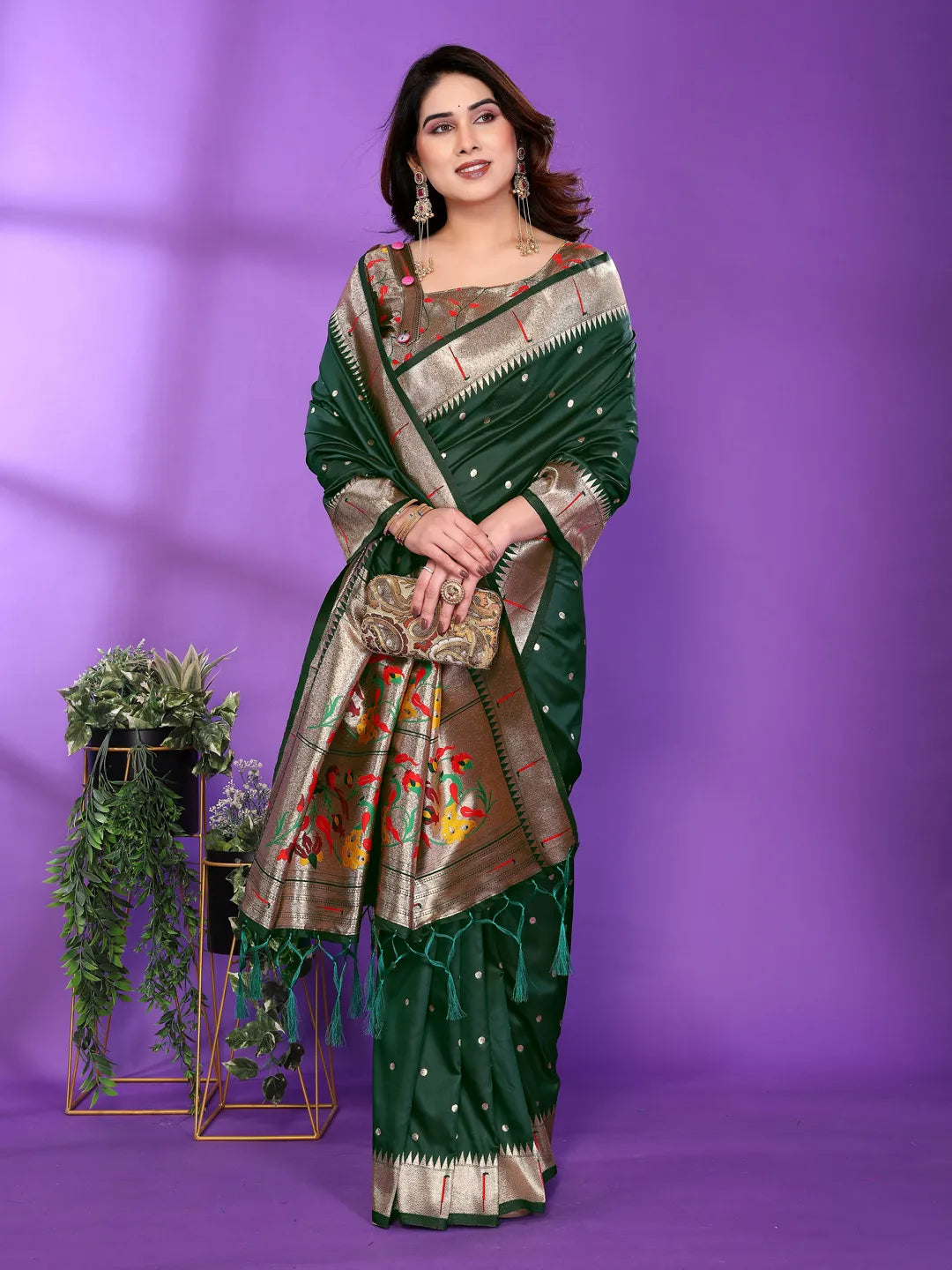 Bottle Green Paithani Silk Saree with Gold Zari Border & Multicolor Floral Pallu