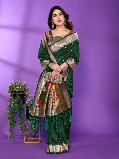 Bottle Green Paithani Silk Saree with Gold Zari Border & Multicolor Floral Pallu