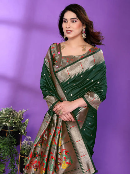 Bottle Green Paithani Silk Saree with Gold Zari Border & Multicolor Floral Pallu