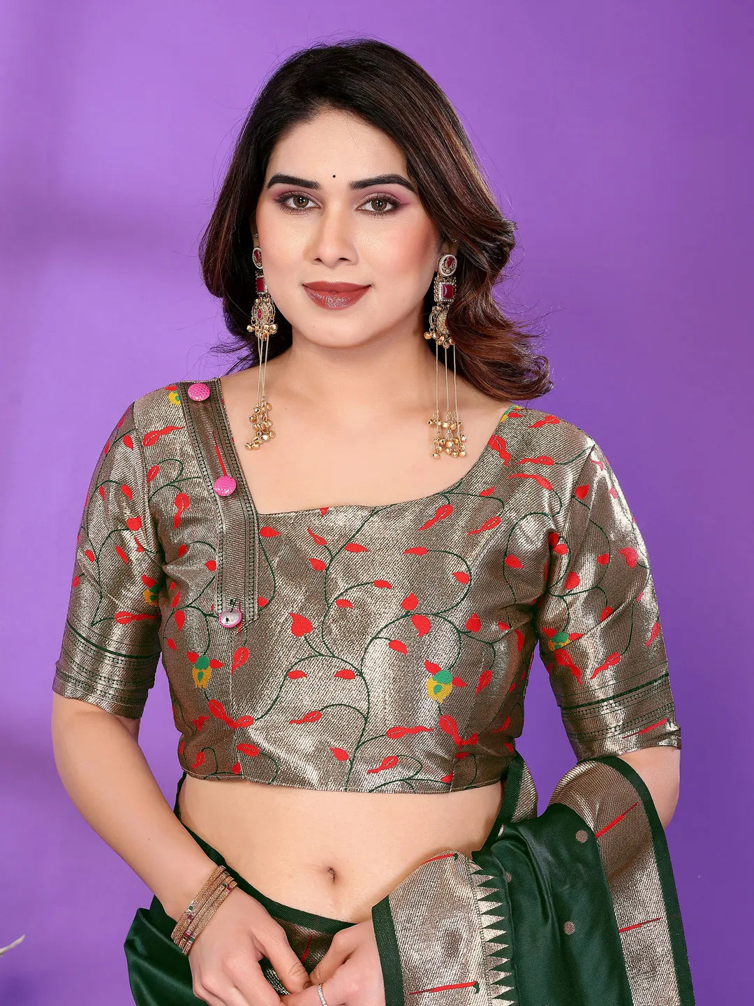 Bottle Green Paithani Silk Saree with Gold Zari Border & Multicolor Floral Pallu