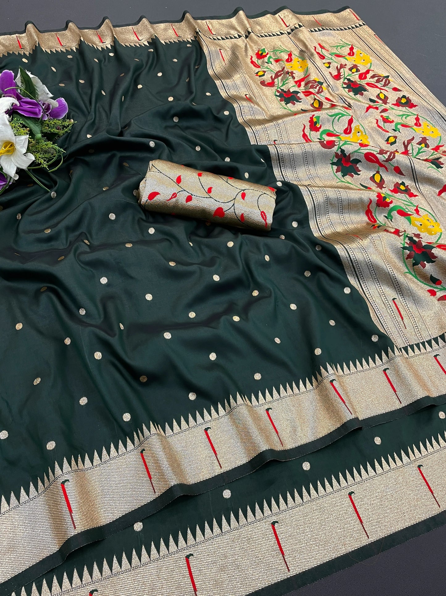 Bottle Green Paithani Silk Saree with Gold Zari Border & Multicolor Floral Pallu