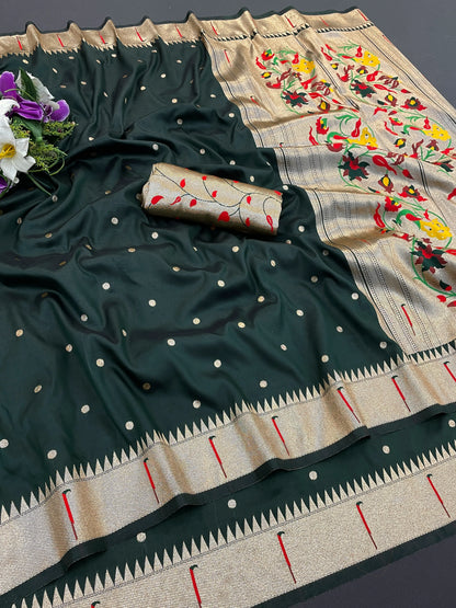 Bottle Green Paithani Silk Saree with Gold Zari Border & Multicolor Floral Pallu