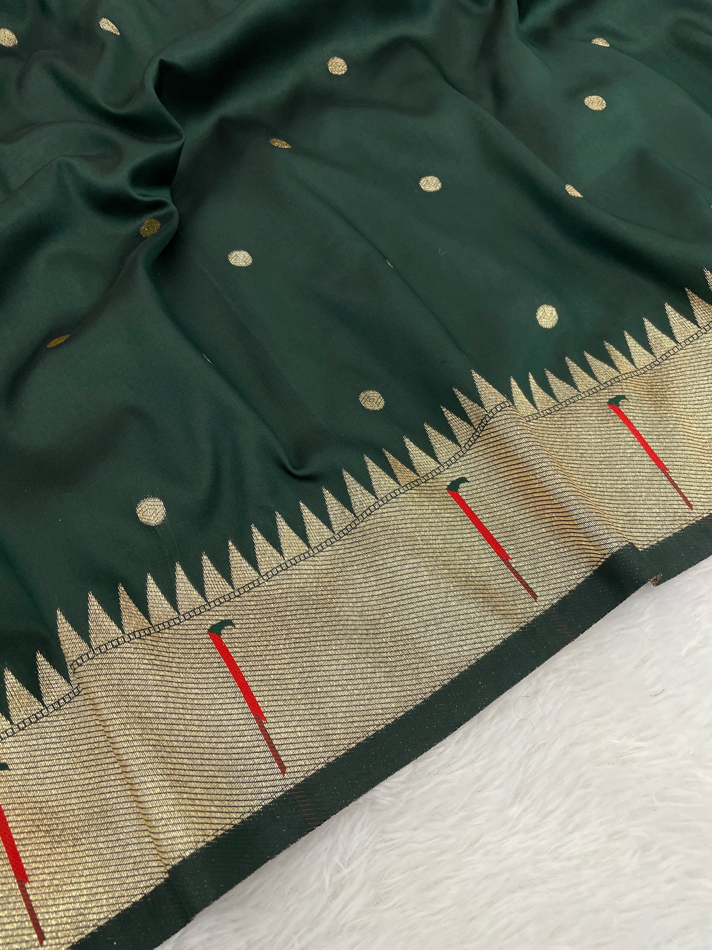 Bottle Green Paithani Silk Saree with Gold Zari Border & Multicolor Floral Pallu